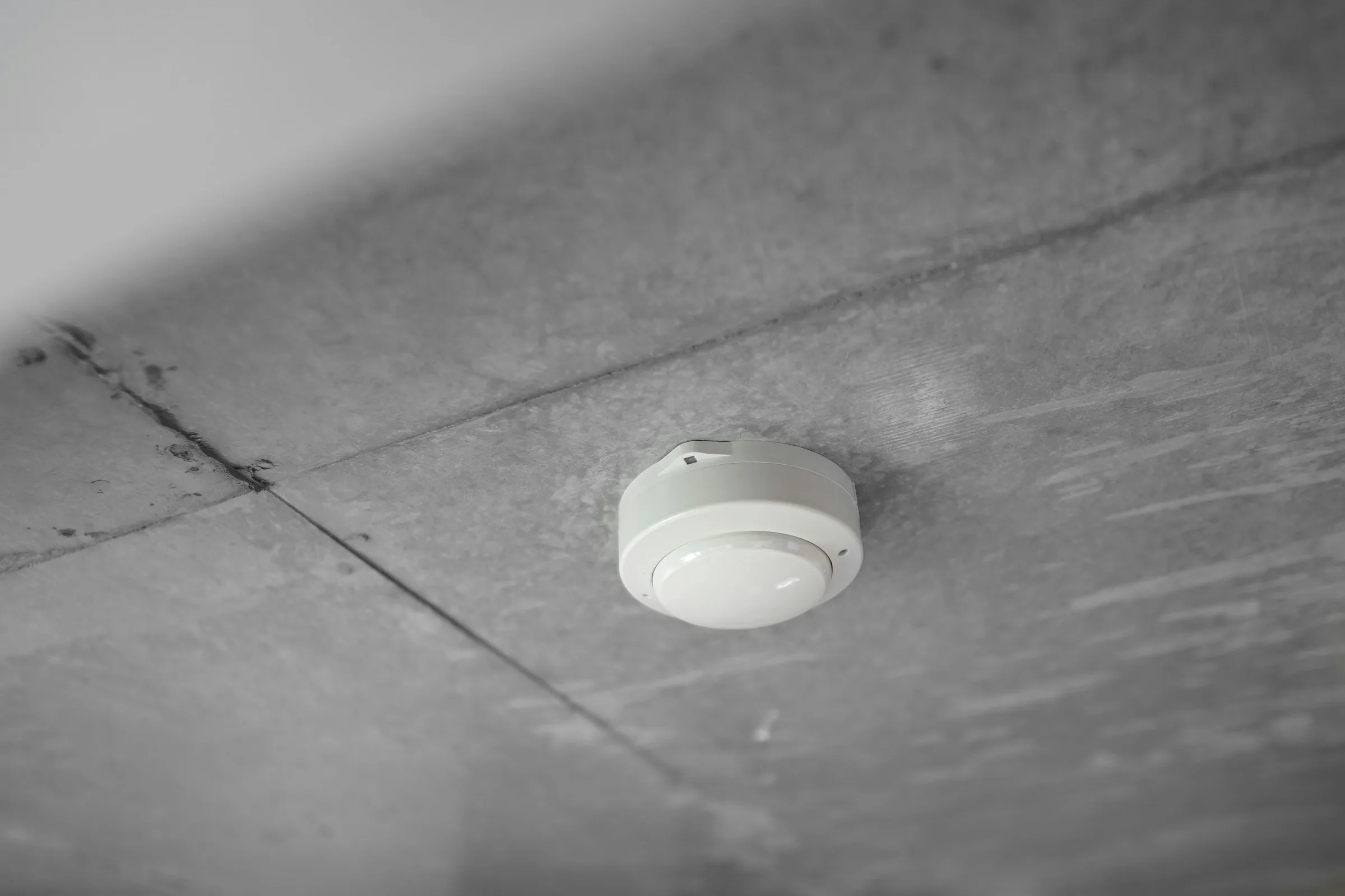 A small white round smoke alarm fixed to a grey ceiling.