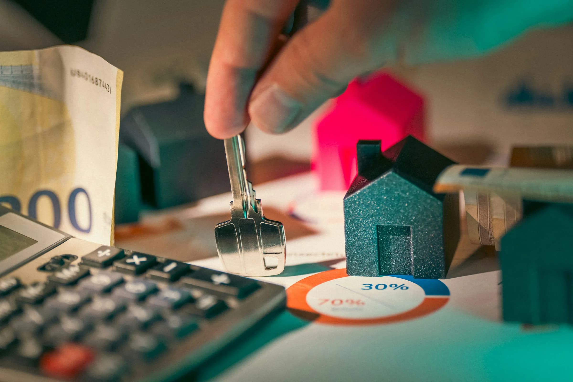 A hand placing a key over small model houses next to a calculator and banknotes