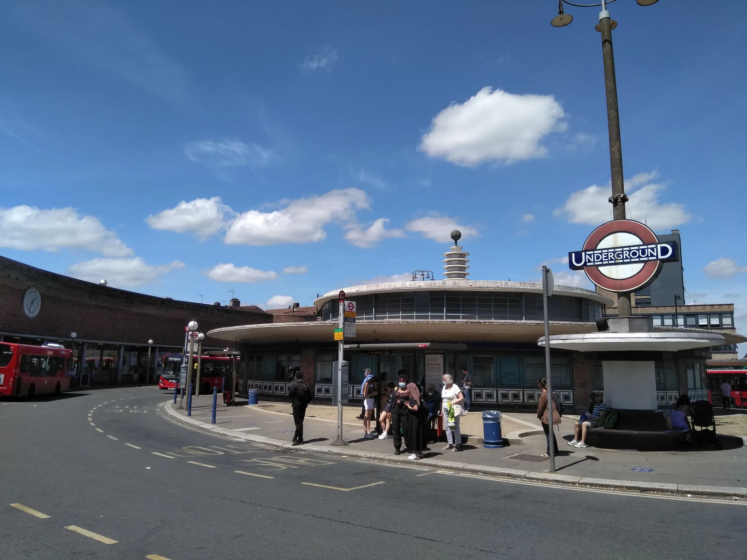 Southgate Underground station's circular Art Deco building and roundel sign